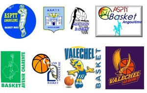 Les logos de l'ASPTT puis de VALECHEL.
En bonus, le logo du B.A.C. avec l'AJ Moulidars (Minimes France) et le G.A.B. avec le SC Angoulême (Seniors Femmes Ex Régionale)